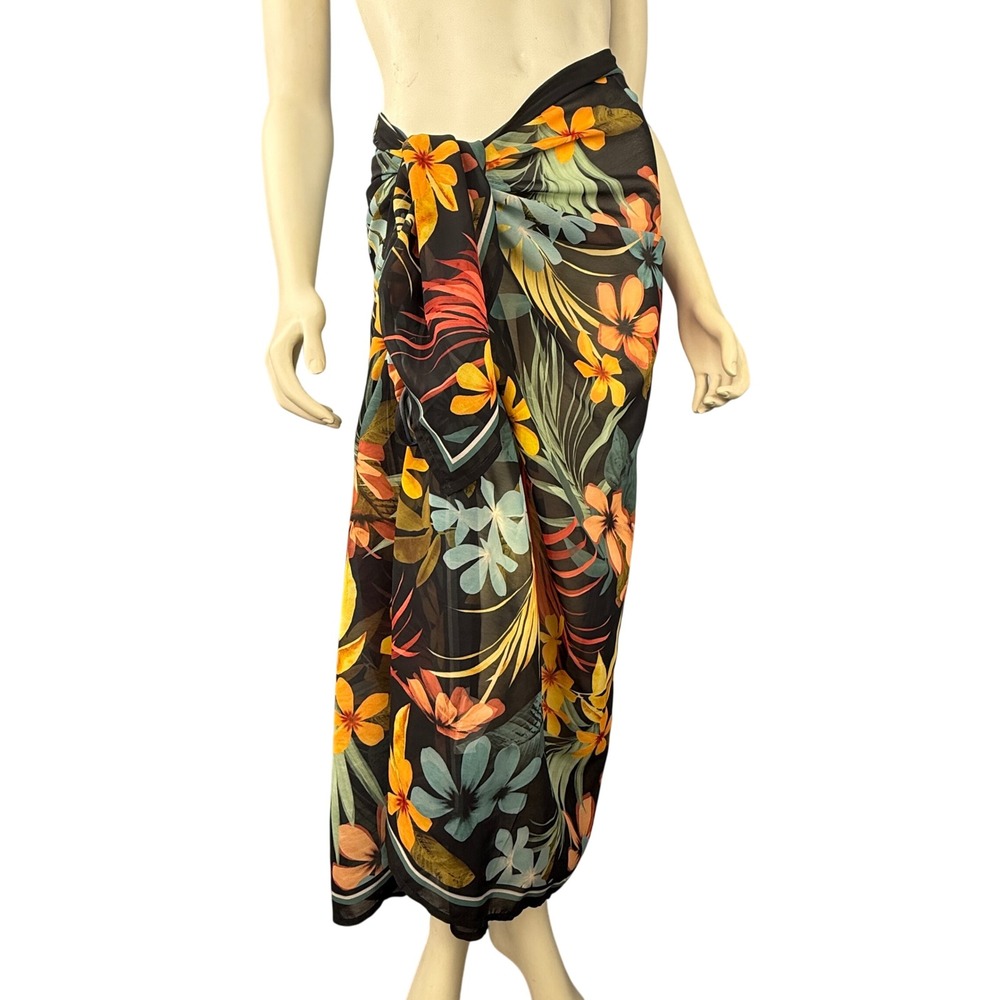 Miraclesuit Swim Cover Up‎ Women OS Black Tropical Floral Sheer Oversized Wrap